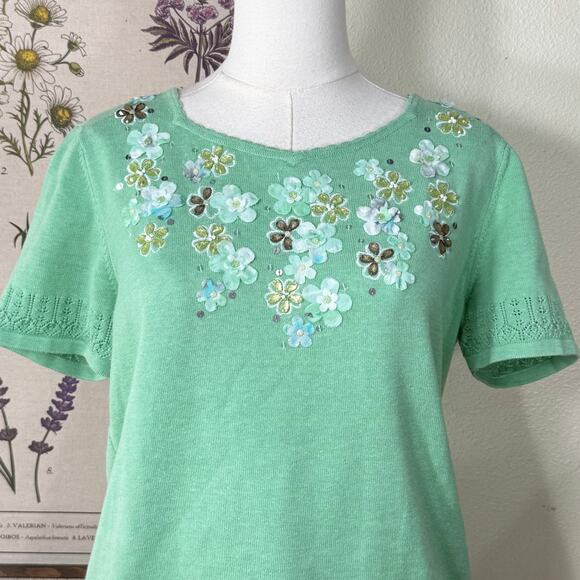 Vintage Y2k Embroidered Beaded Floral Knit Top Cottage Grandma Whimsy PM PL - Picture 3 of 6
